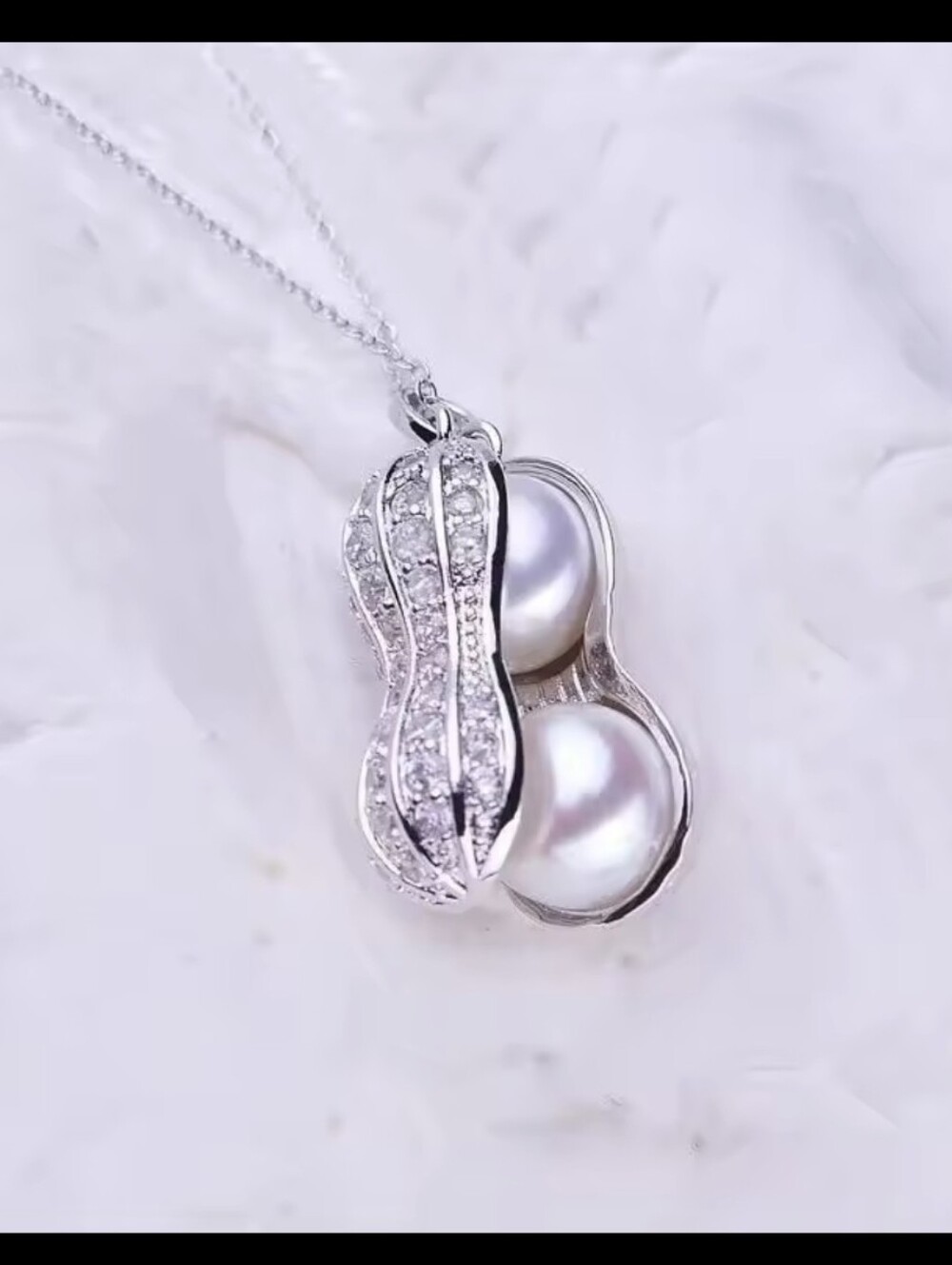 14K Gold Plated Silved Diamond Peanut Pearl Pendant Necklace